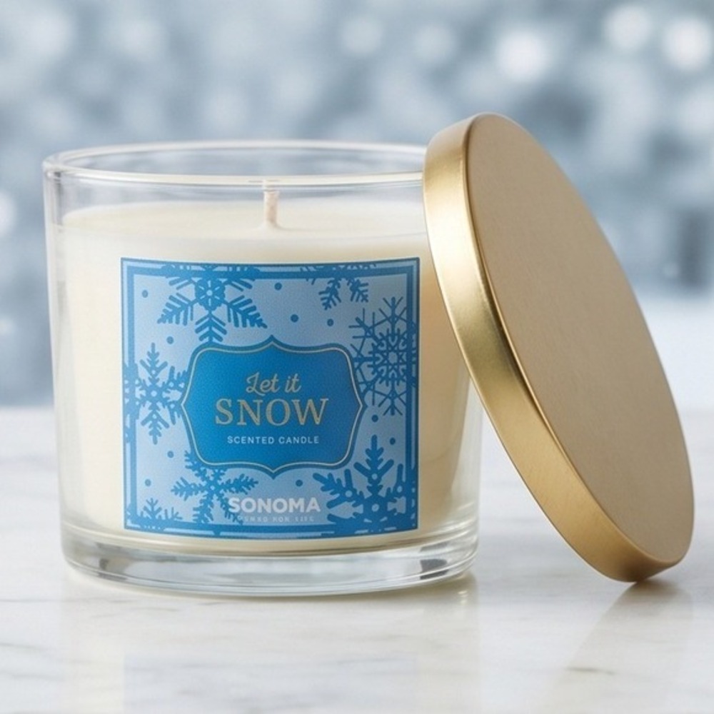 Sonoma Let it Snow Scented Candle Glass Jar Gold Lid Winter Holiday Vintage NEW‎